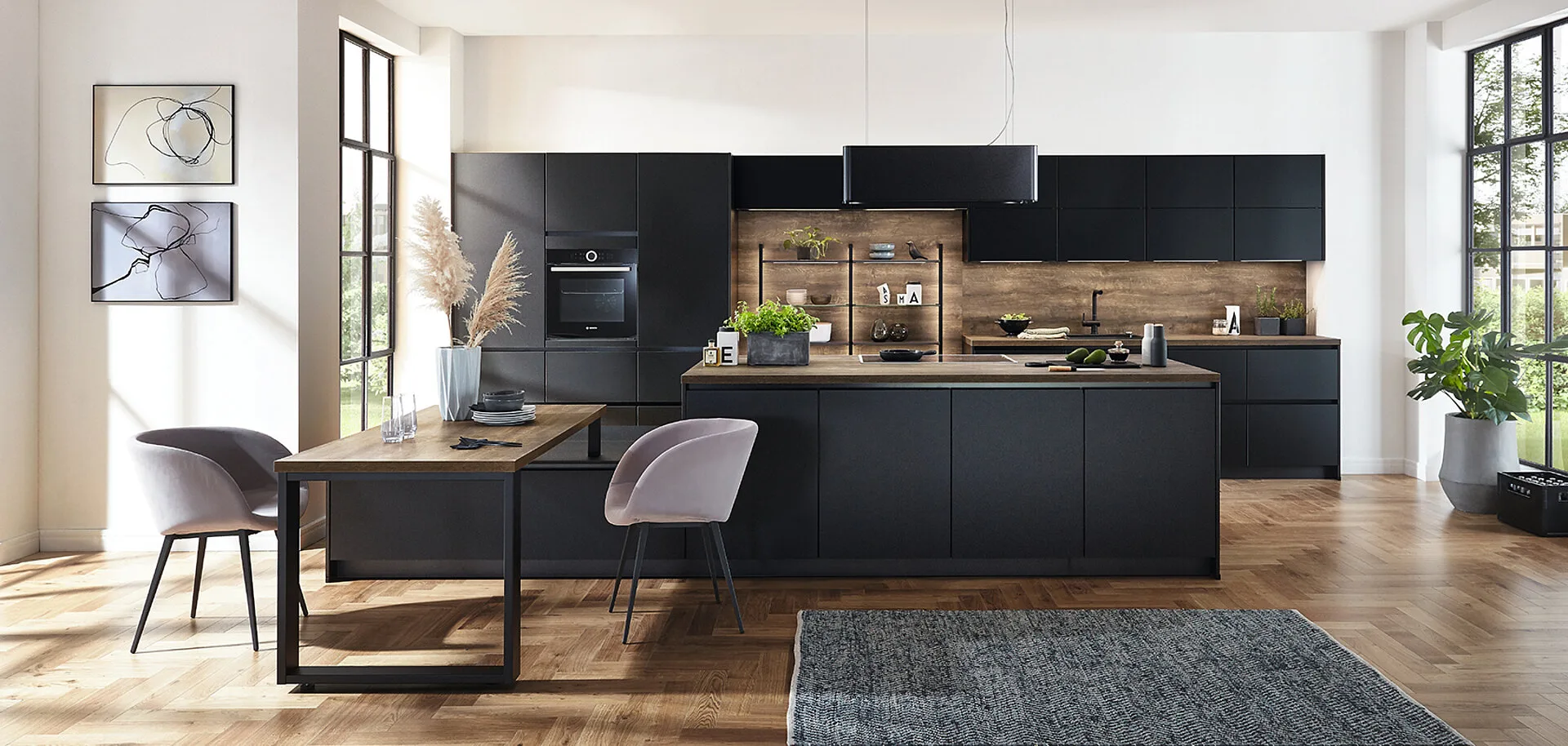 Contemporary kitchen in white and black with nautural wood